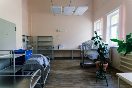 Sanitary prevention antivirus concept. Fresh White Hotel Towels Folded and Stacked on a Shelfの写真素材