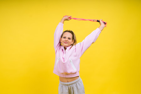 Beautiful sportsgirl with skipping rope isolated on a yellow studioの写真素材