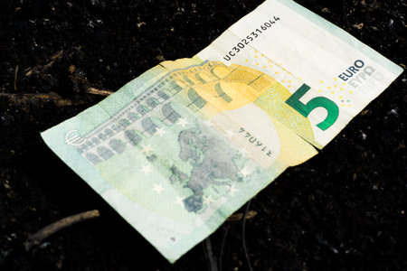 Coin and banknotes on black hot coal among ashes. Currency devaluated, finance and business concept