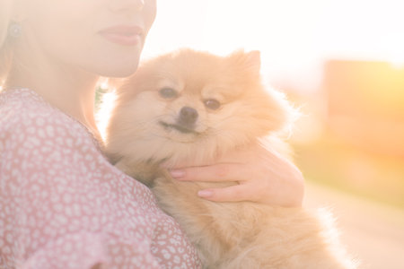 Close up portrait of smiling young attractive woman embracing spitz.の写真素材