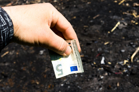 Coin and banknotes on black hot coal among ashes. Currency devaluated, finance and business conceptの写真素材
