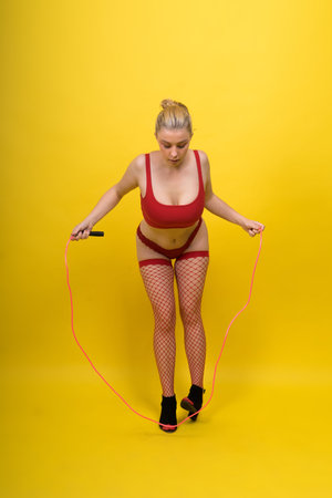 Beautiful fitness female posing on studio background with jumping rope