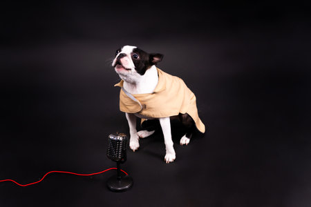 The muzzle of a Boston Terrier dog gives an interview into the microphone.の写真素材