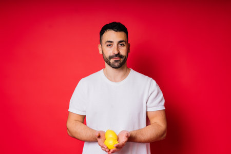 Portrait of young bearded man holding lemons in both hands on an isolated red backgroundの写真素材