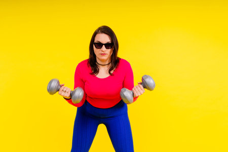 Sporty model with curvy figure with a dumbbells. Dynamic movement. Motivation and healthy lifestyleの写真素材