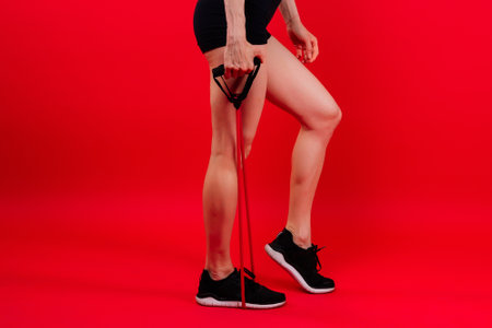 Athletic female performs exercises using resistance band. Strength and motivationの写真素材