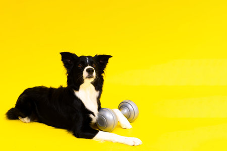 A border collie dog with dumbbell in front of a yellow backgroundの写真素材