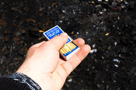 Setting fire to picnic fire . Burning matches in handsの写真素材