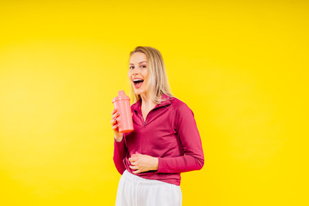 Attractive woman and water bottle for body diet, health and wellness against studio background.の写真素材