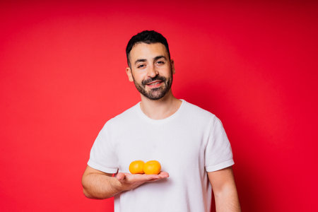 Handsome tall bearded white man with a dark hair with tangerine on red backgroundの写真素材
