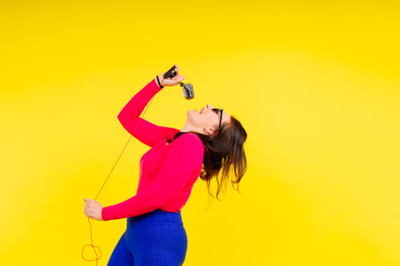 Smiling brunette woman with microphone on a colored studio backgroundの写真素材