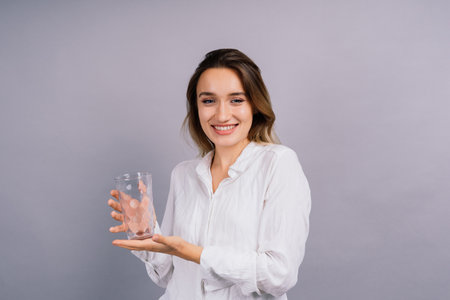 Beautiful model portrait isolated over a studio background holding a glass.の写真素材