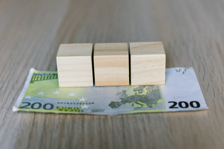 Wooden cubes blocks, money 200 Euro banknotes. Management big salary career conceptionの写真素材