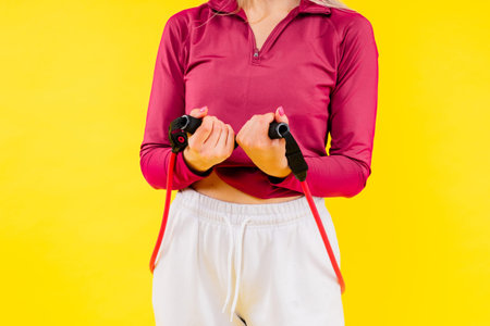 Sports woman in sportswear exercising with elastic band in a studio
