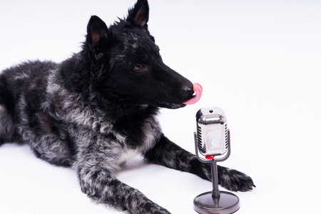 Beautiful mudi dog singing into microphone in studio white backgroundの写真素材
