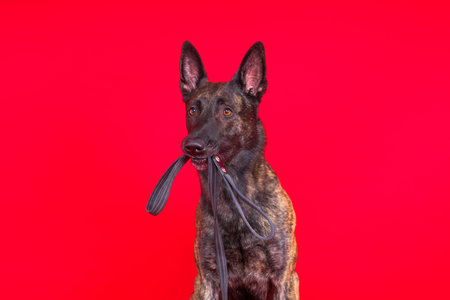 Dutch shepherd dog and leash in teeth, studio shotの写真素材