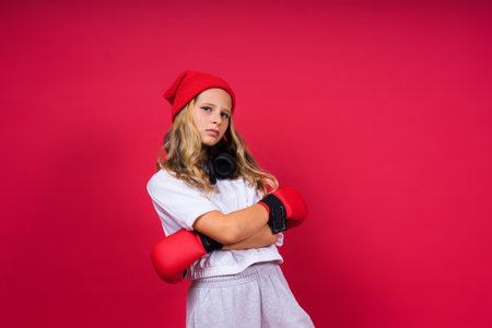 Little girl wearing red boxing gloves, studio shot, sport conceptionの写真素材