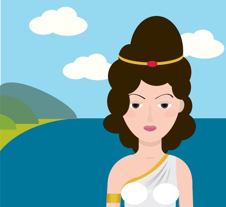 Young  woman in native Greece clothes against south sea landscapeのイラスト素材