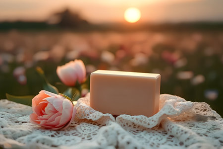 Handmade soap bar with Package near cream roses with floral landscape, soap mockup. Natural Spa cosmetic conceptの写真素材