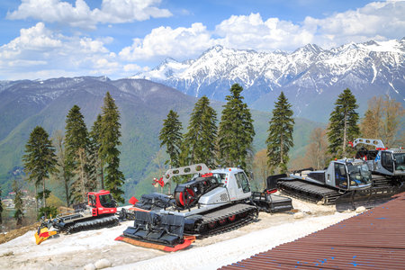 SOCHI, RUSSIA, 02 MAY 2017: Special machines for the preparation of ski runs on the background of...