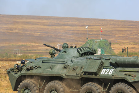 NOVOCHERKASSK, RUSSIA, 26 AUGUST 2017: Russian armored personnel carrier rides in the military...