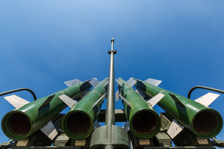 KADAMOVSKIY TRAINING GROUND, ROSTOV REGION, RUSSIA, 26 AUGUST 2017: International military technical forum "ARMY-2017." Missiles of the Russian self-propelled medium-range surface-to-air missile system Buk-M2 against the blue skyのeditorial素材