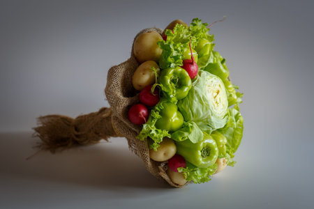 Unique bouquet consisting of paprika, cabbage, radish, potatoes, salad leaves as a giftの写真素材