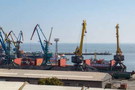TAGANROG, ROSTOV REGION, RUSSIA, SEPTEMBER 03, 2017: The port cranes