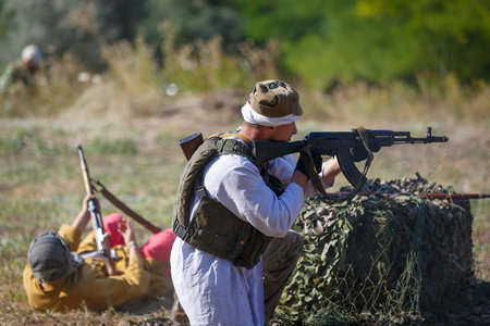 SAMBEK, ROSTOV REGION, RUSSIA, AUGUST 19, 2018: Historical festival Sambek Heights. Mojahed shoots...