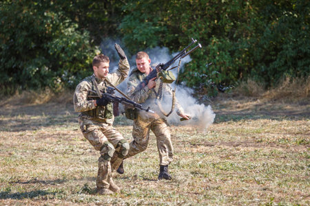 SAMBEK, ROSTOV REGION, RUSSIA, AUGUST 19, 2018: Historical festival Sambek Heights. The soldier...