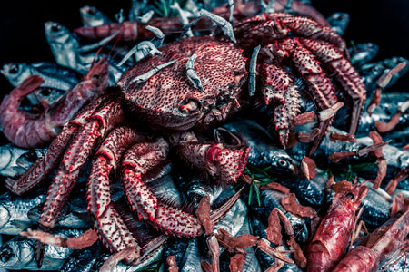 Big hairy boiled crab sits on heap of dried fish