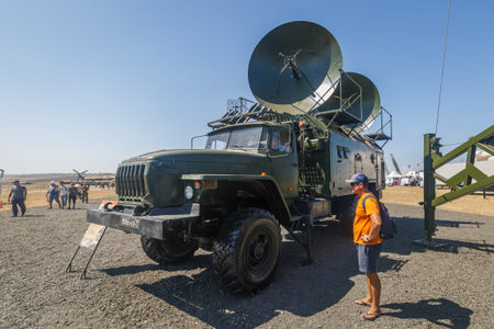 KADAMOVSKIY TRAINING GROUND, ROSTOV REGION, RUSSIA, AUGUST 26, 2018: International military technical forum ARMY-2018. Satellite mobile station R-441-U on base truck Ural-43203のeditorial素材