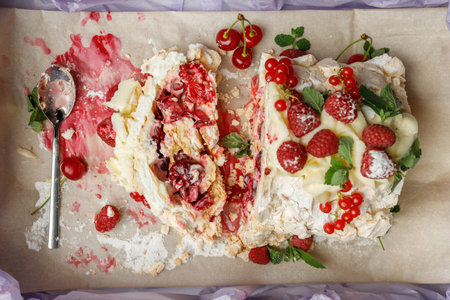 Delicious meringue roll with fruits
