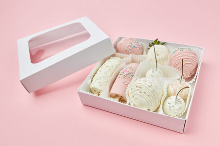 Ripe fruits covered with chocolateの写真素材