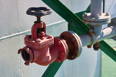 Fire valve for connecting a fire hose used to extinguish a fire on a tanker.