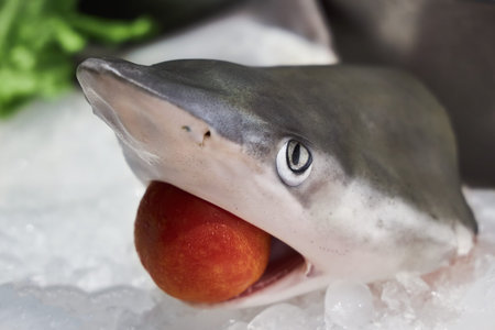 Head of a shark lies on ice on a store counter.