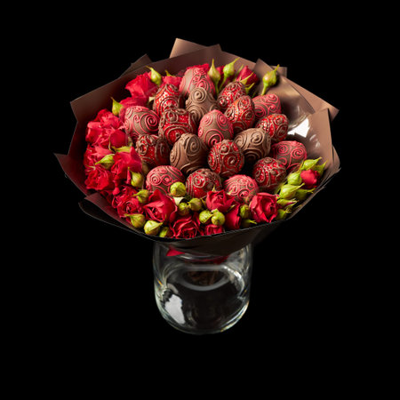 Beautiful bouquet of red roses and ripe strawberries in chocolate wrapped in brown paper on a black backgroundの写真素材