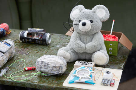 Sambek, Rostov Region, Russia, June 28, 2019: Samples of homemade mine traps disguised as toys, gadgets controlled by phone on ARMY-2019 exhibitionのeditorial素材