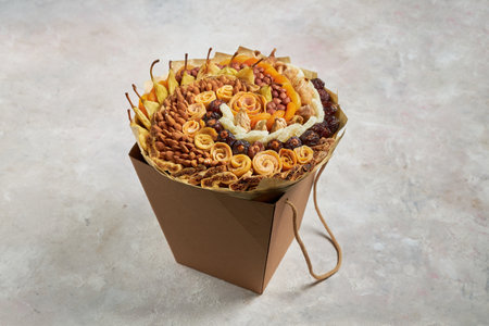 A large bouquet of different dried fruits and nuts lies in a cardboard boxの写真素材
