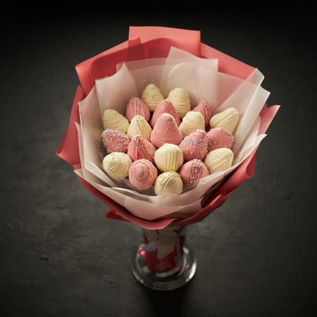 A bouquet of ripe strawberries covered with white and pink chocolate stands in a vase on a black...