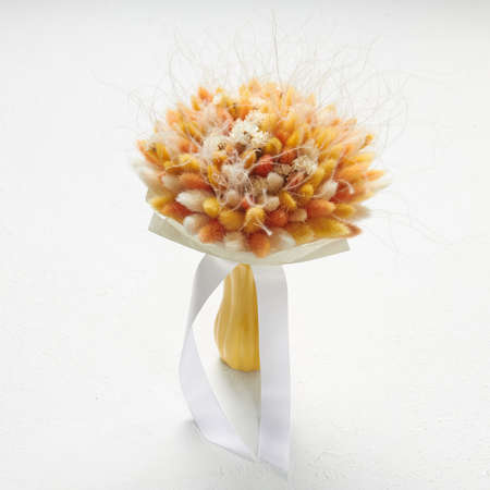 Small bouquet of white and orange laguruses, standing in a vase on a white backgroundの写真素材