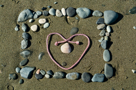 Frame from stones on beach sand in sunlight with a seashell and a pink heart shaped rope insideの写真素材