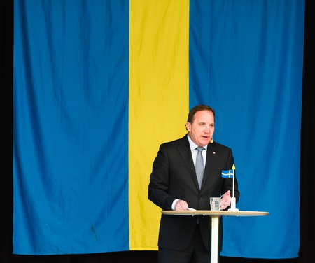 Stockholm, Sweden - June 6, 2016: Swedish Prime Minister Stefan Lofven speaking at the Swedish National Day,Hagelbyparken,Botkyrkaのeditorial素材