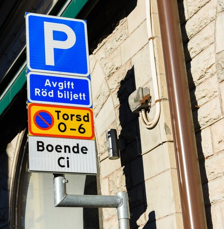 Parking provisions sign, Fee for Red ticket, Forbidden to parking Thursday between 0 am - 6 am, resident Ciの写真素材