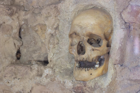 Human skull  ; Nisch,Serbia,07.09.2015.Monument from the First Serbian Uprising 1809. which was in retaliation by the Turkish authorities in Serbia built from the skulls of dead Serbian warriorsのeditorial素材
