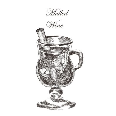 vector hand drawn ink sketch of mulled wine, cinnamon, anise. detailed food drawing for autumn illustrationsのイラスト素材