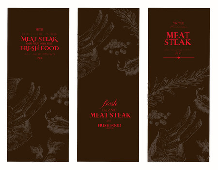 vector meat steak sketch drawing designer templates. food hand-drawn backdrop for corporate identityのイラスト素材