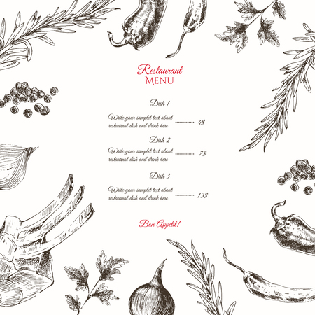vector meat steak sketch drawing designer templates. food hand-drawn backdrop for corporate identityのイラスト素材