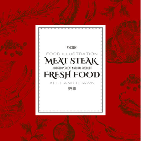 vector meat steak sketch drawing designer templates. food hand-drawn backdrop for corporate identityのイラスト素材