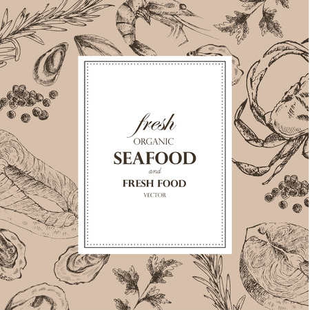 vector seafood designer template set - shrimp, crab, lobster, salmon, oyster, mussel. mediterranean cuisine seafood sketchのイラスト素材